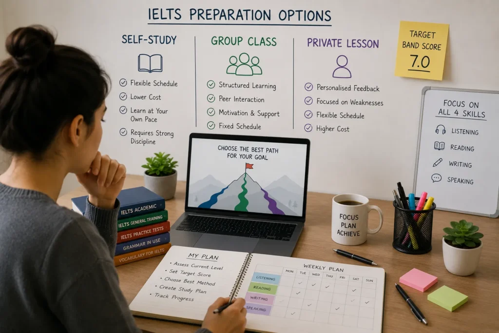 Learner comparing IELTS preparation formats for a target score