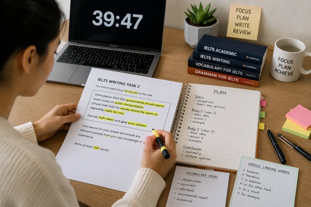 Student identifying IELTS Writing Task 2 Mistakes before planning an essay