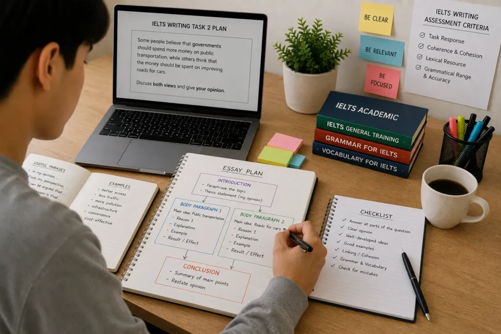 Student planning paragraphs to avoid IELTS Writing Task 2 Mistakes