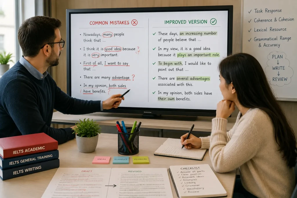 Learner correcting grammar and vocabulary in an IELTS essay