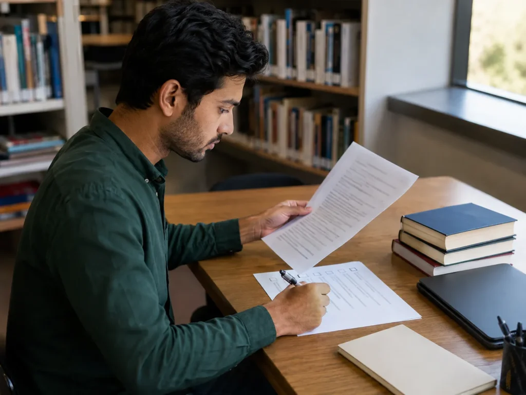 Learner using a checklist to prevent IELTS Writing Task 2 Mistakes