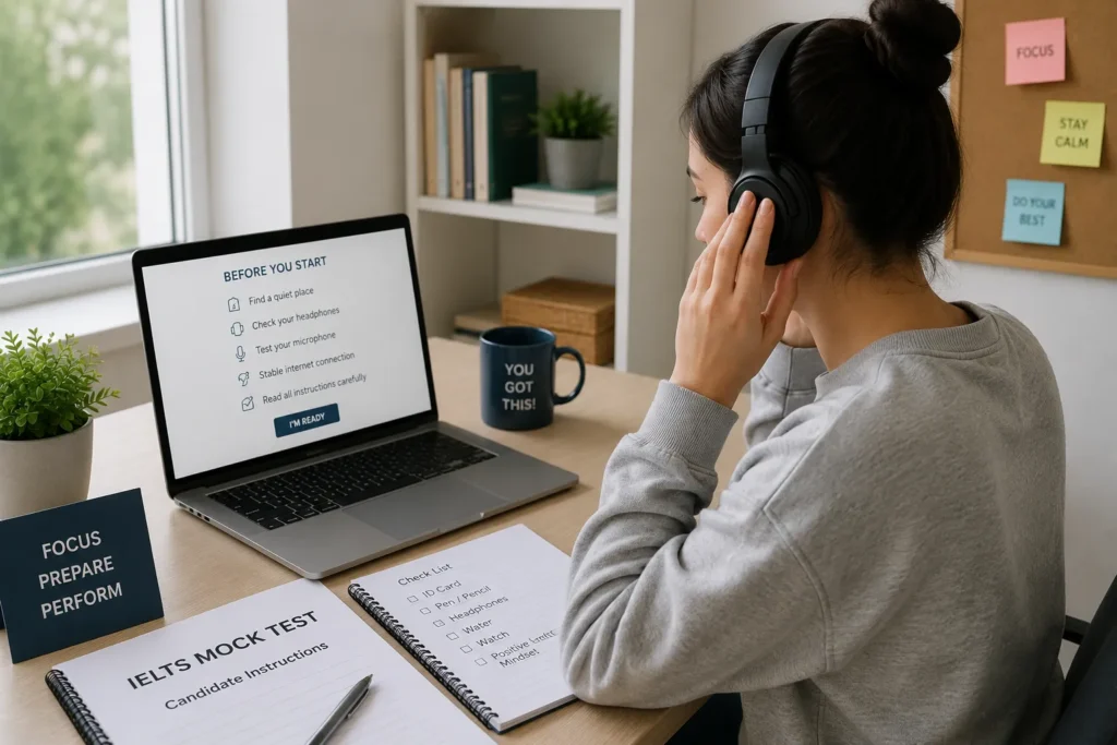 Learner preparing equipment before an online IELTS mock test